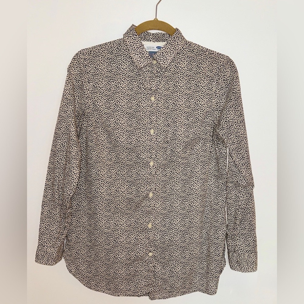 Black and Off-White Casual Button Down Tunic Length Shirt